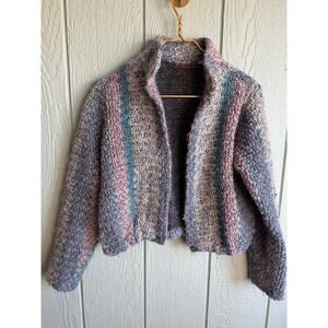 Vintage Chunky Knit Cropped Cardigan Jacket Pastel Stripe Sweater Medium Mohair